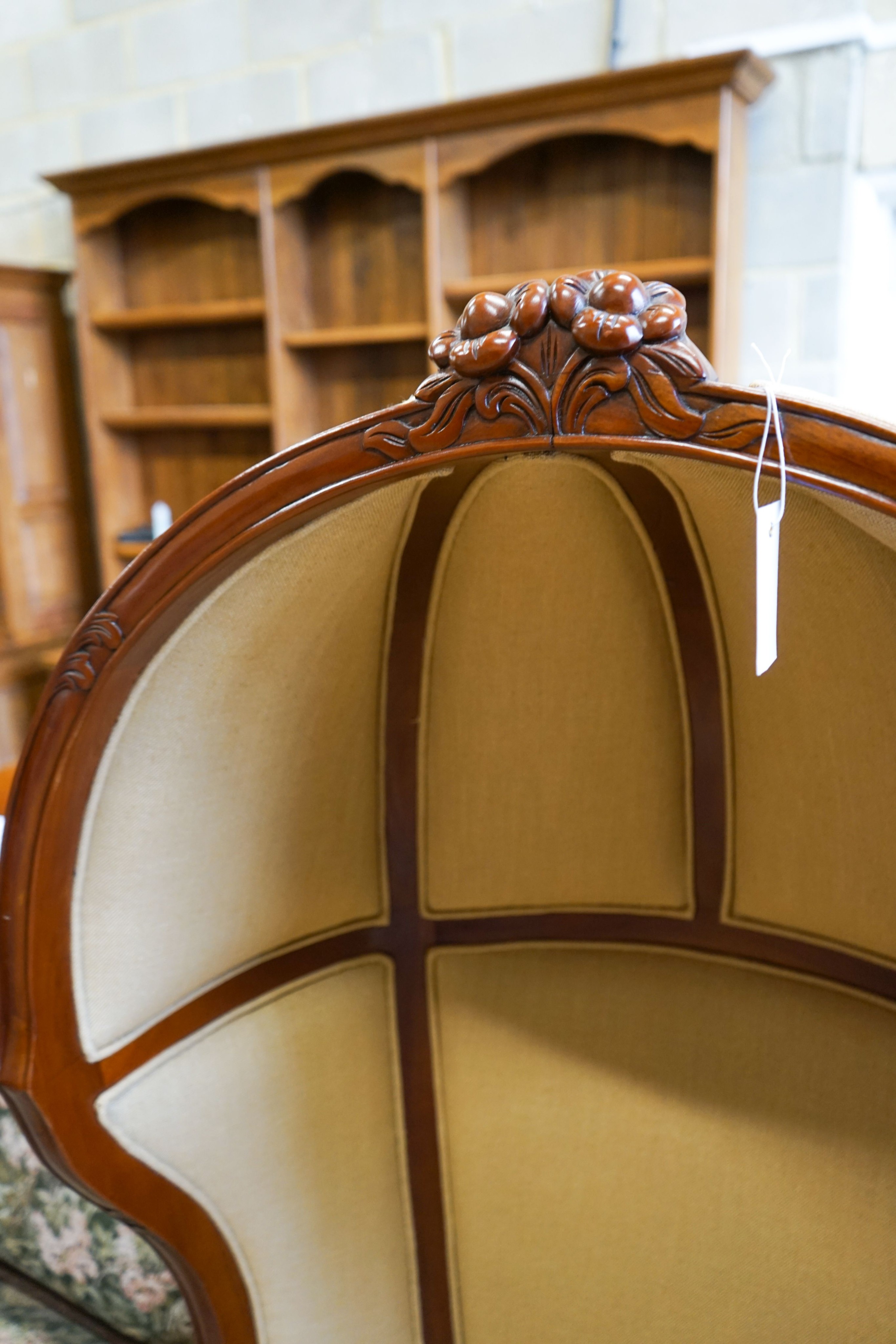 A pair of Victorian style upholstered carved mahogany hall porter's chairs, width 80cm, depth 66cm, height 162cm